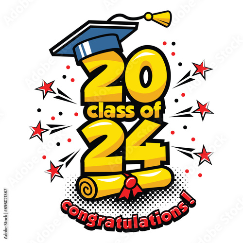 2024 class graduate header. Decorate congratulation for school graduates in comic cartoon style. Vector on transparent background