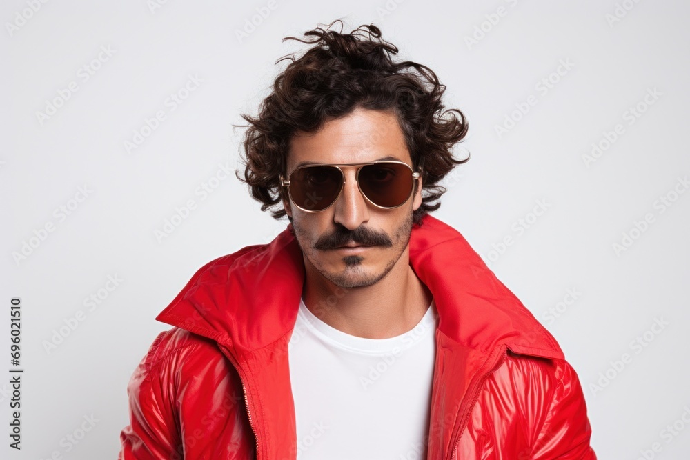 Obraz premium Young confident european artist man in red coat looking at camera. Isolated on white