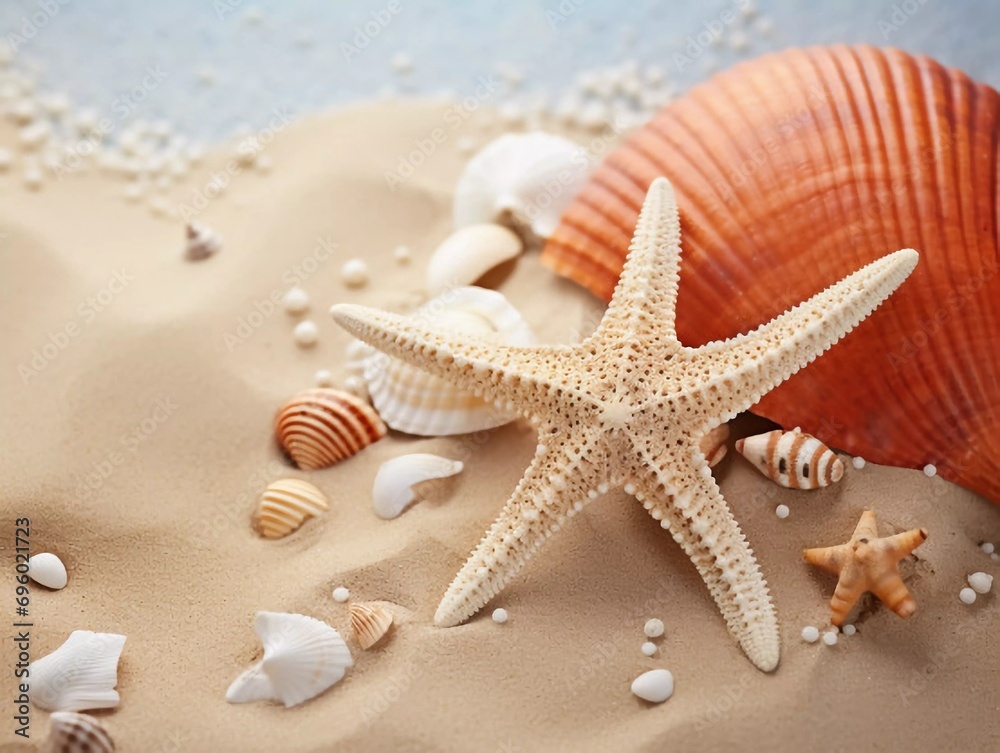 Starfish and sea shell on a sandy beach, AI generator Starfish and sea shell on a sandy beach, AI generator