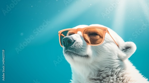polar bear face wearing sunglasses look up and enjoying with a blank space for text