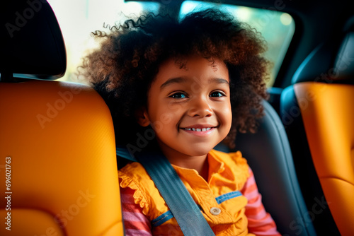 Smiling black child in a car seat buckled into a child seat. safety photo
