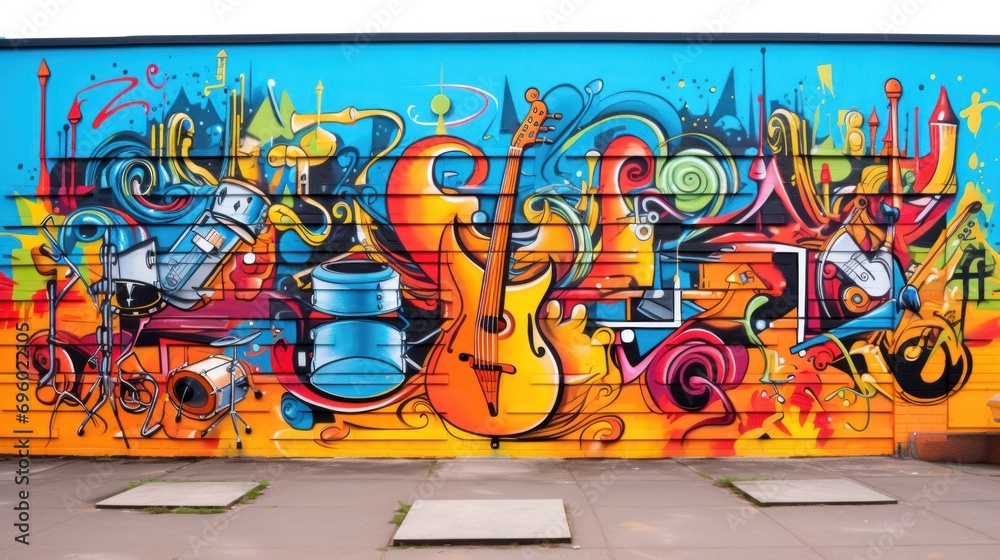 Colorful music graffiti artwork displayed on an urban wall.