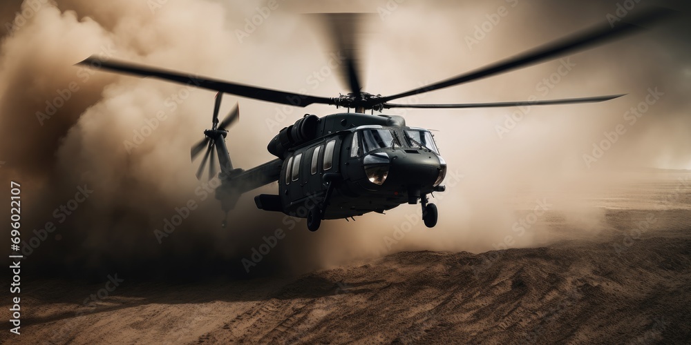 a black helicopter flying high over a dusty ground a black helicopter flying high over a dusty ground