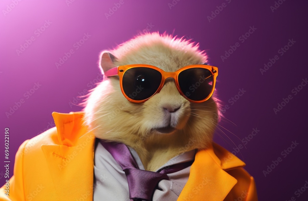 a hamster is wearing a leather jacket and sunglasses