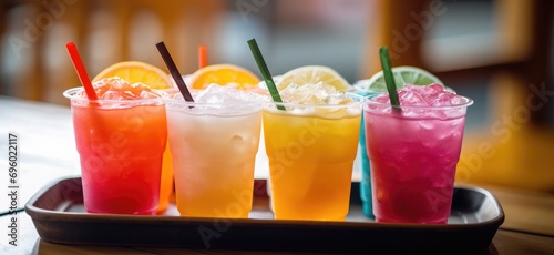 a selection of colorful drinks sit on a tray