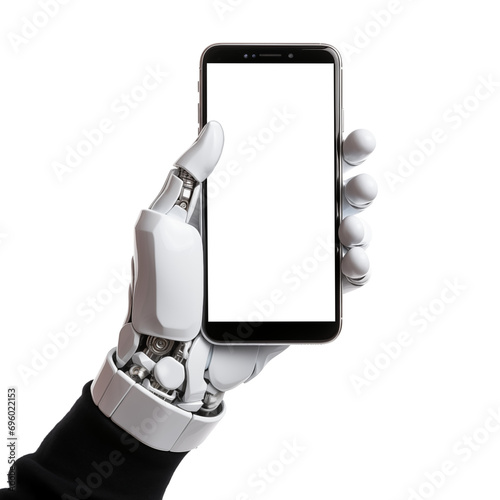 Robot hand with smartphone isolated on transparent background white smartphone screen. Generative ai.
