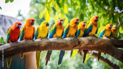 Colorful parrots perched on a vibrant branch, showcasing their brilliant plumage. © Sandris_ua