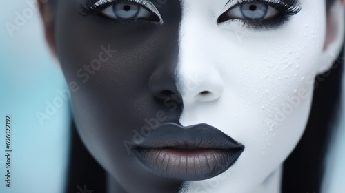 Contemporary female face painting portrait with close-up of eyes and lips  showcasing dark and white complexion