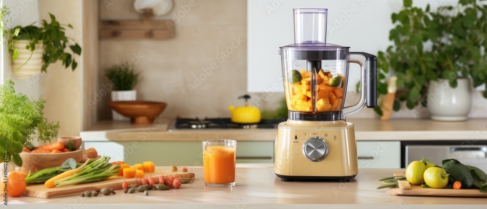 a food processor in a kitchen is taking carrots