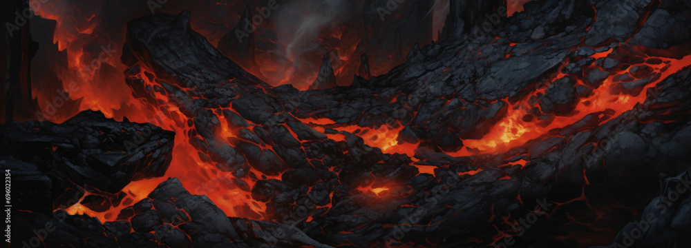 Depict the texture of a frozen lava flow, capturing the rough and dynamic nature of volcanic rock with hints of molten lava solidifying into unique patterns - obrazy, fototapety, plakaty 