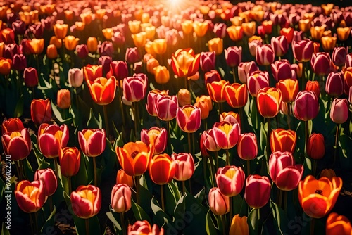 A mesmerizing field of vibrant tulips  each petal  intricate details  bathed in soft sunlight with shadows creating depth  showcasing the elegance of nature s beauty