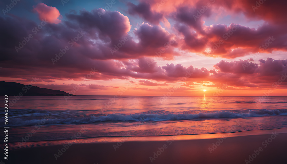 A breathtaking sunset over the ocean features a vibrant pink, orange, and purple sky adorned with fluffy clouds and illuminated by the setting sun's warm glow