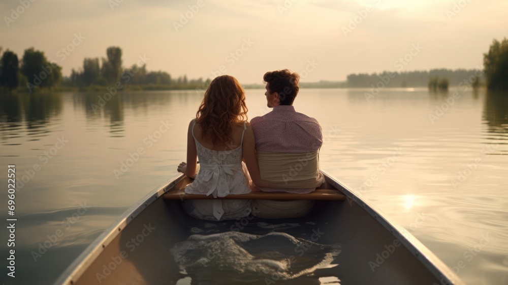 Couple enjoying a romantic ride in a rowboat on a peaceful lake Couple enjoying a romantic ride in a rowboat on a peaceful lake