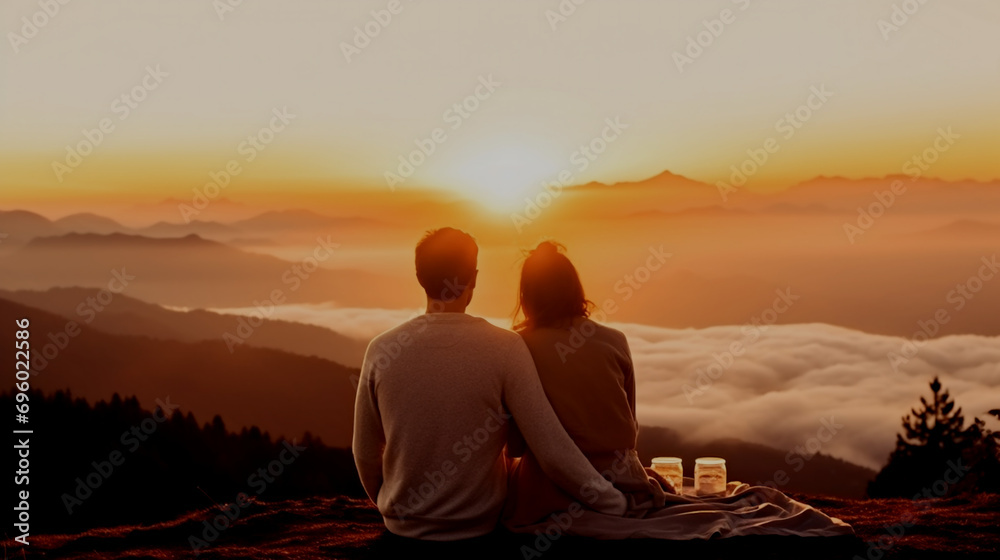 Romantic couple sitting on top of the mountain and looking at the sunrise over the misty valley.Good morning greeting message concept.Happy valentines day concept.