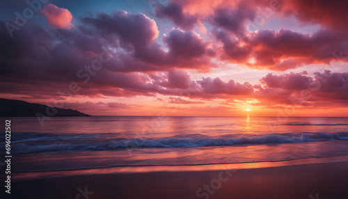 A breathtaking sunset over the ocean features a vibrant pink  orange  and purple sky adorned with fluffy clouds and illuminated by the setting sun s warm glow