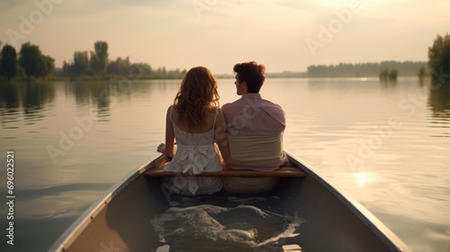 Couple enjoying a romantic ride in a rowboat on a peaceful lake photo