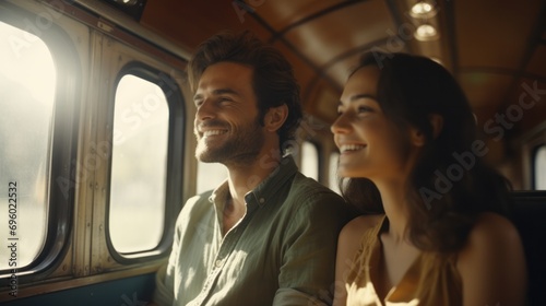 couple enjoying a romantic ride in a vintage train.