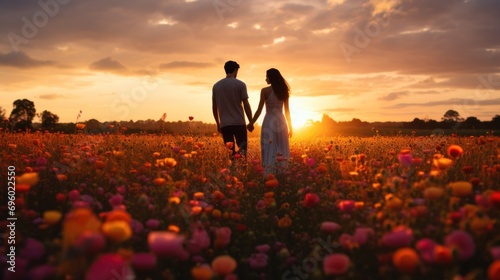 Couple enjoying a romantic sunset walk in a colorful flower field.