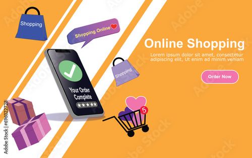 Online shopping store on website and mobile phone design. Smart business marketing concept. Ecommerce concept. Contactless payment and Pay with Mobile Banking Application.