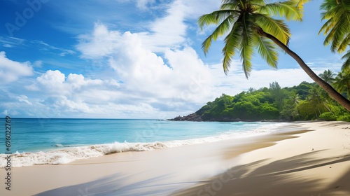 A tropical beach filled with sea and sand  coconut palm trees  and a blue sky with white clouds is a sight to see.