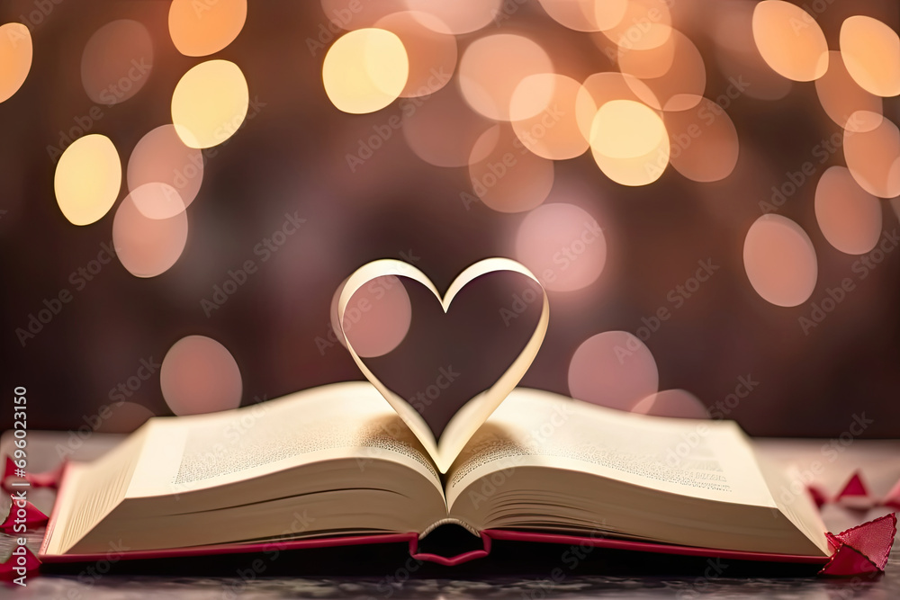 Heart-Shaped Love Crafted with Pages of a Book, Bokeh Background, Symbolizing Valentine's Day, Teachers Day, Student Day, Back to School, Learning, Education, and Literacy Day Celebration Heart-Shaped Love Crafted with Pages of a Book, Bokeh Background, Symbolizing Valentine's Day, Teachers Day, Student Day, Back to School, Learning, Education, and Literacy Day Celebration