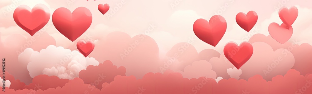 several red hearts hang from clouds in a pink background Generative AI