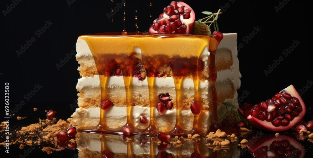 a piece of desert with pomegranate, almond sprinkled on top a piece of desert with pomegranate, almond sprinkled on top