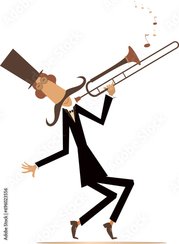 Cartoon long mustache trumpeter is playing music. Mustache man in the top hat playing trombone. Black on white illustration