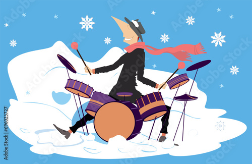 Winter. Snow. Man plays on drum kit. 
Winter concert. Snowflakes. Smiling musician plays on drum kit with inspiration
