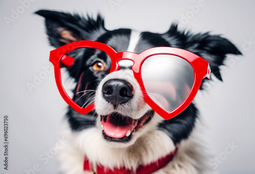 Amore Peloso- Cucciolo Border Collie in Occhiali a Cuore per il Giorno di San Valentino photo
