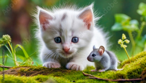 Gattino bianco che osserva un topino curioso photo