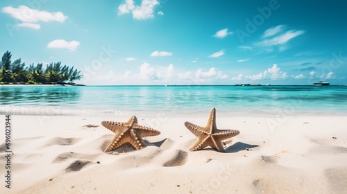 On a beach on an island, you can find a beautiful beach with sand, starfish, and palm trees overlooking the ocean during summer vacations.