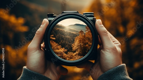 Hands holding a camera lens through which a beautiful autumn forest landscape is seen, symbolizing the concept of focus and the beauty of nature captured through technology photo