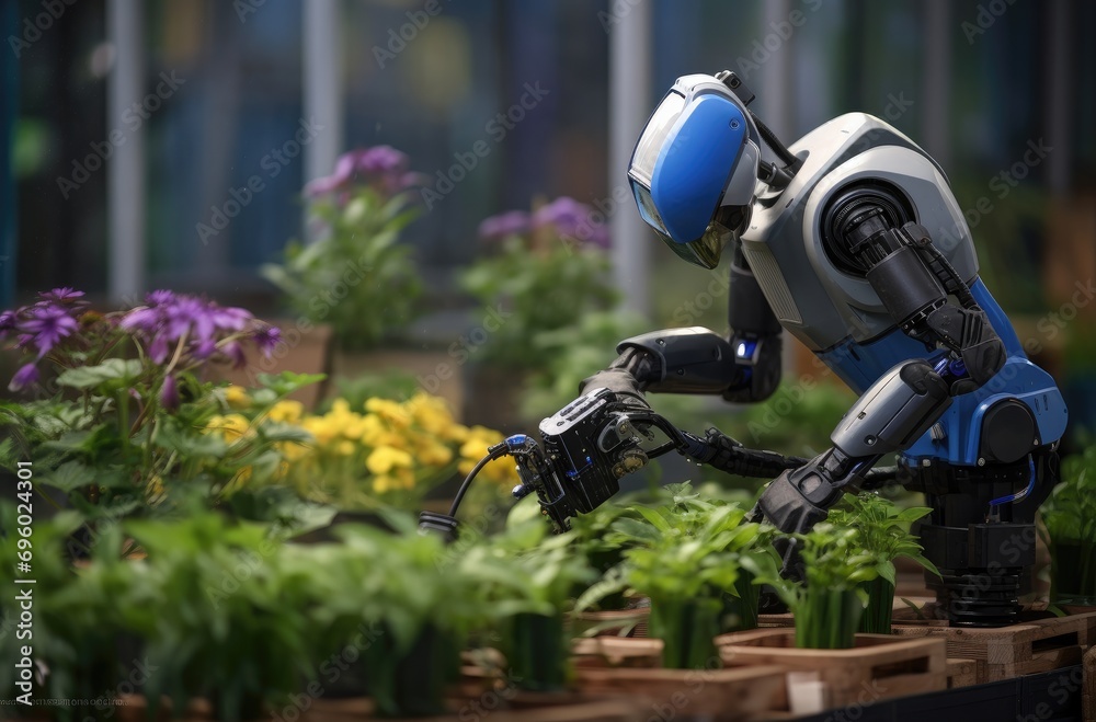 a robot in a gardening space is being used to grow plants a robot in a gardening space is being used to grow plants