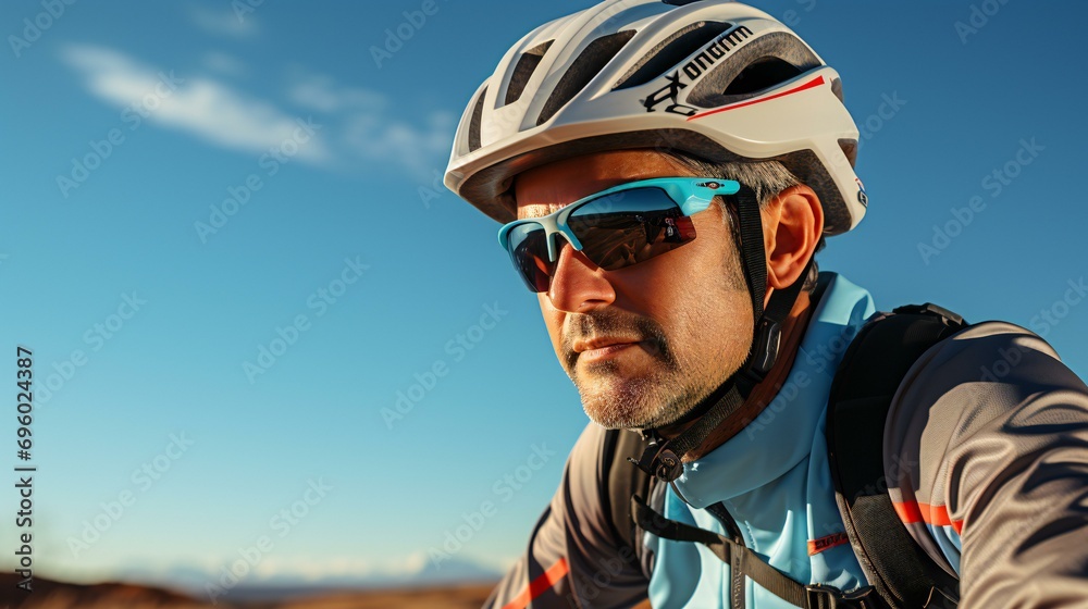 Cyclist wearing a helmet in a natural setting. A portrait of an active and adventurous lifestyle with a focus on cycling Cyclist wearing a helmet in a natural setting. A portrait of an active and adventurous lifestyle with a focus on cycling