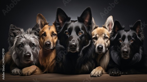 The photo shows different dog breeds resting in a beautiful way