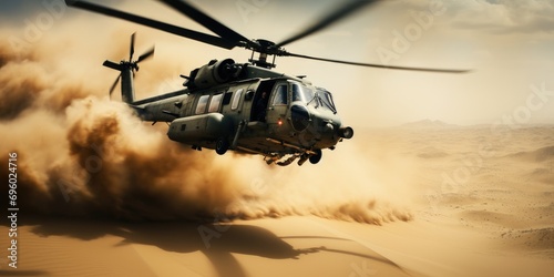 a military helicopter flying over the sand