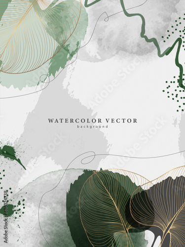 Green grunge watercolor background, poster, card with golden contours of volumetric leaves.