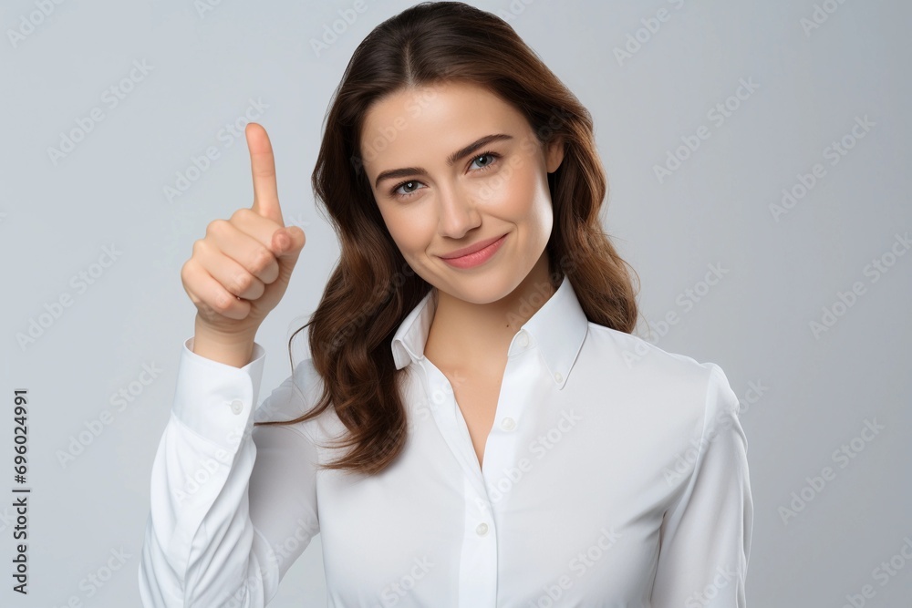 portrait of a businesswoman showing her index finger up portrait of a businesswoman showing her index finger up