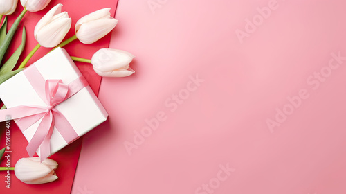 Valentine s Day Card  Pink Tulip Flowers Gift Box on Pink Background. Perfect for Spring  Mother s Day  Anniversary  Birthday  Wedding  Party Gift Banner