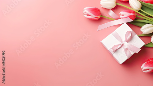 Valentine s Day Card  Pink Tulip Flowers Gift Box on Pink Background. Perfect for Spring  Mother s Day  Anniversary  Birthday  Wedding  Party Gift Banner