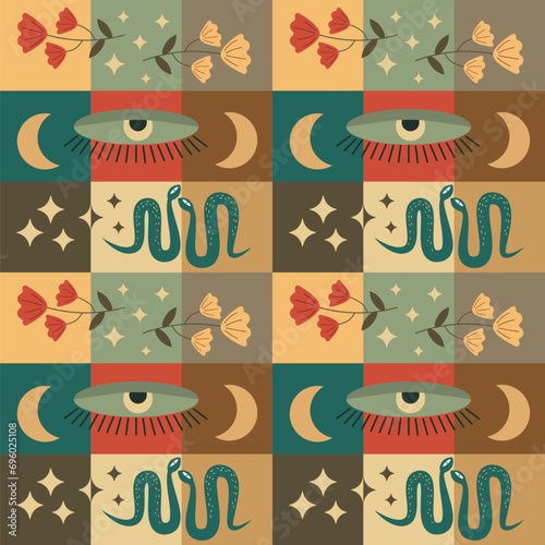 Seamless esoteric pattern. Geometric composition eye snakes flowers moon and stars. For clothes paper wallpaper