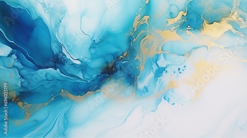 The texture of abstract alcohol ink paintings is made up of blue and azure tones with golden streaks. © Akbar