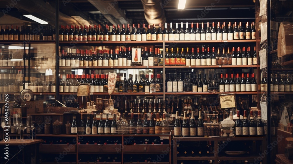 Bottles neatly displayed in a wine shop, a visual feast for enthusiasts at the expo
