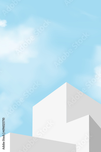 Sky Blue and Cloud with White Podium Step,Platform 3d Mockup Display Step for Summer Cosmetic Product Presentation for Sale,Promotion,Web online,Scene Nature Spring Sky with Building wall