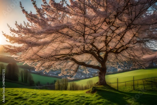 **blossoming cherry tree in spring at sunrise, miltenberg, spessart, franconia, bavaria, germany. photo