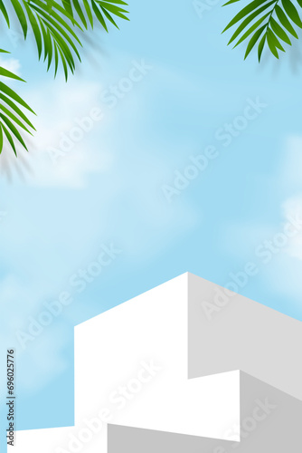 Sky Blue and Cloud with Palm Leaves and White Podium Step,Platform 3d Mockup Display Step for Summer Cosmetic Product Presentation for Sale,Promotion,Scene Nature Spring Sky with Building wall