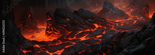 Depict the texture of a frozen lava flow, capturing the rough and dynamic nature of volcanic rock with hints of molten lava solidifying into unique patterns photo