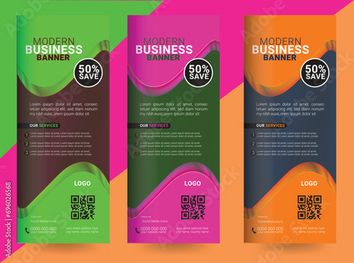 Roll up banner design for business events, presentations and for marketing in print ready blue, orange, red, green, purple colors