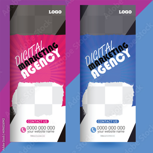 Roll up banner design for business events, presentations and for marketing in print ready blue, orange, red, green, purple colors